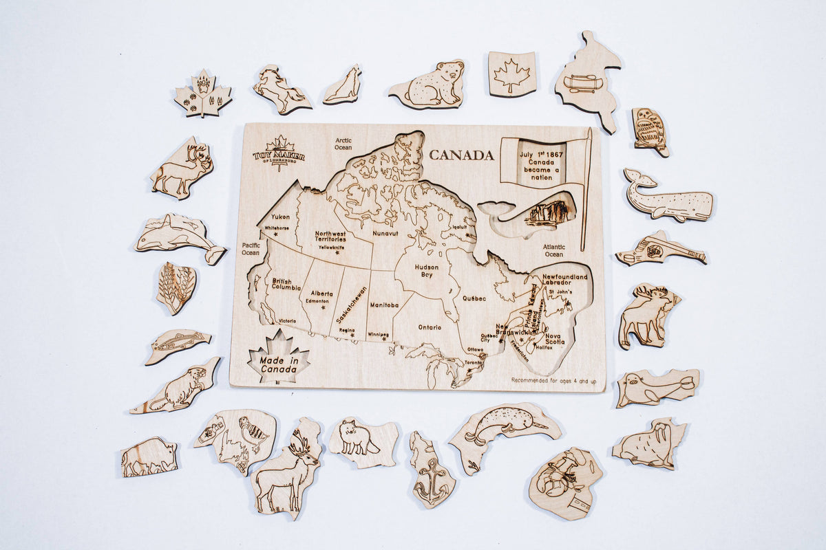 Wooden Canada map puzzle with animal pieces, a screen-free gift for kids