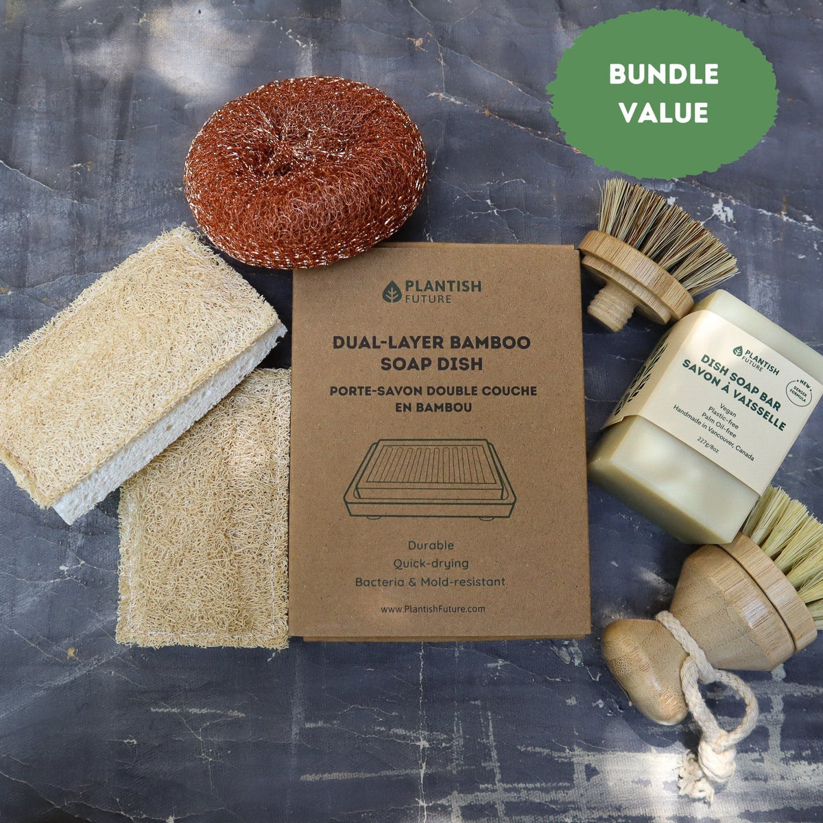 Plastic-free kitchen cleaning kit with a sisal brush, pot scrubber, solid dish soap and eco sponges