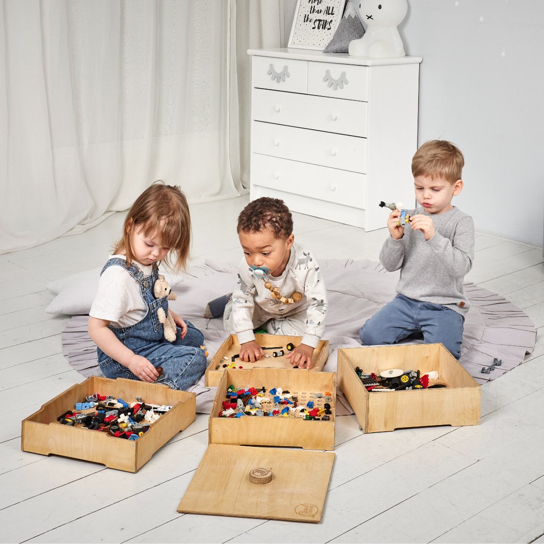 Wooden building brick sorter and storage box for an organized playroom