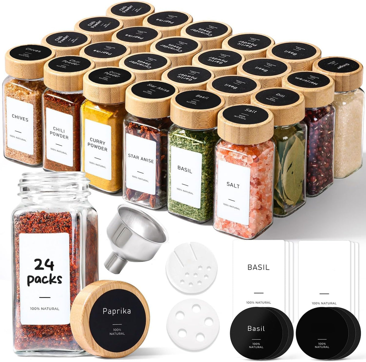 Glass spice jars with bamboo lids, set of 24