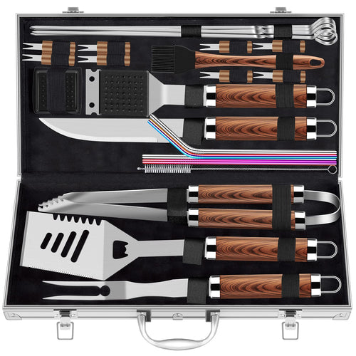 25-piece stainless steel BBQ tool set with case