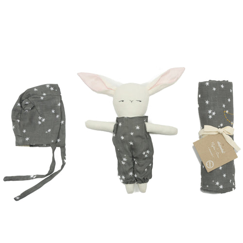 Baby bunny gift set with organic muslin swaddle and bonnet