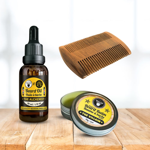 Beard care starter kit with oil, balm and wooden comb
