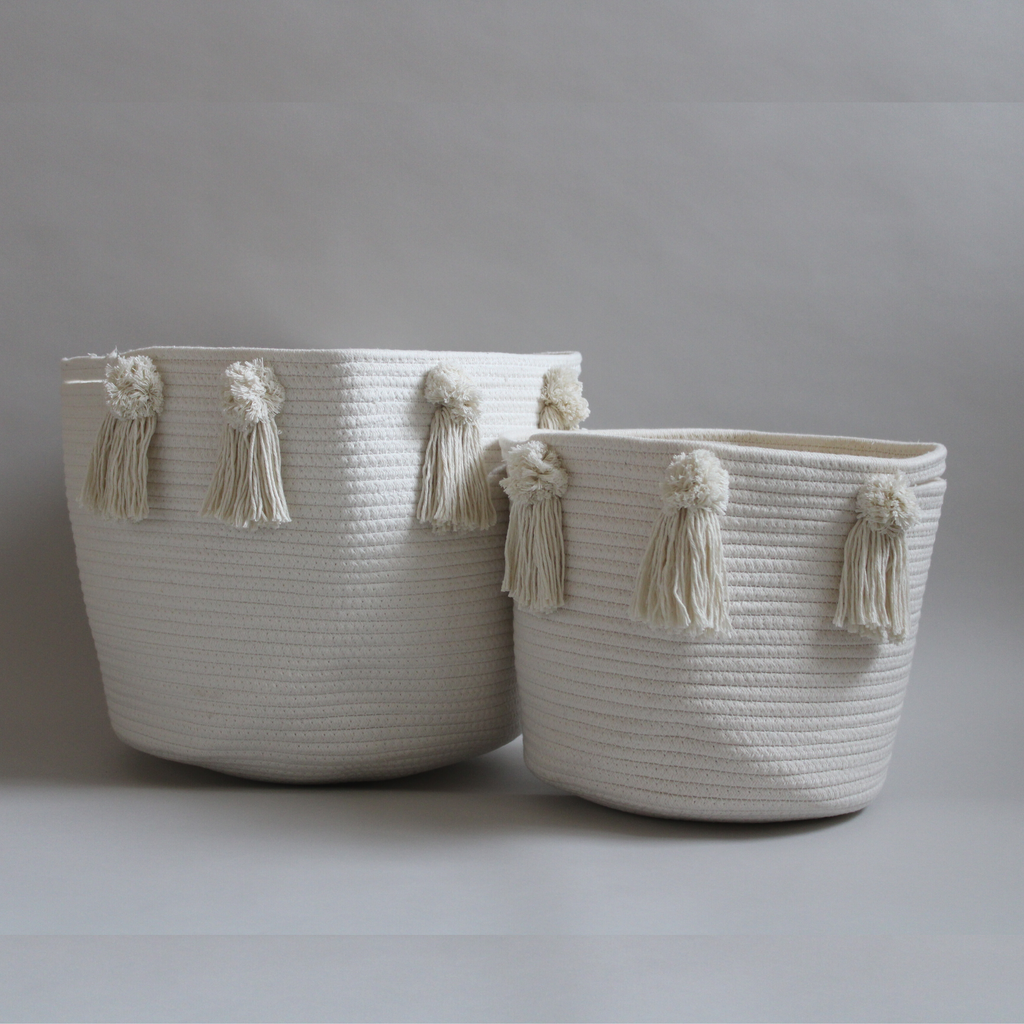 Large natural cotton rope storage basket with poms and tassels, photo 2
