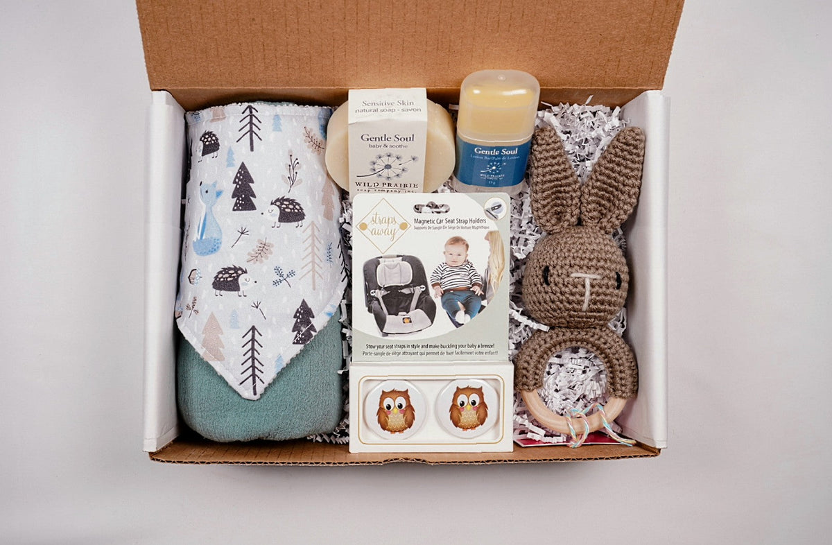 Baby Blue new baby gift box with muslin wrap, bib, soap, lotion and crocheted bunny rattle, photo 4