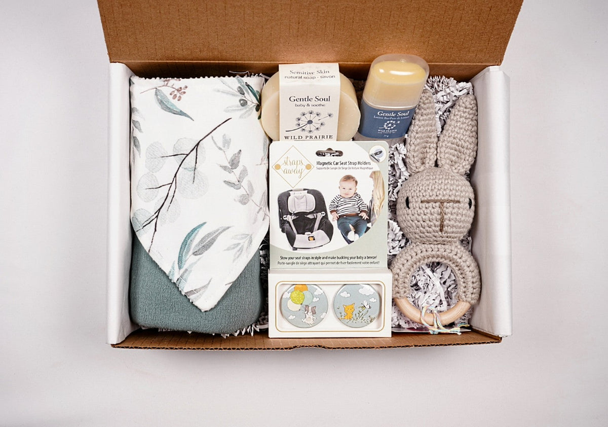 Simply Sage new baby gift box with muslin wrap, bib, soap, lotion and crocheted bunny rattle, photo 4