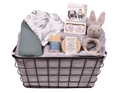 Simply Sage new baby gift box with muslin wrap, bib, soap, lotion and crocheted bunny rattle