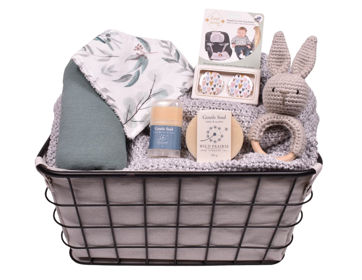 Simply Sage new baby gift box with muslin wrap, bib, soap, lotion and crocheted bunny rattle