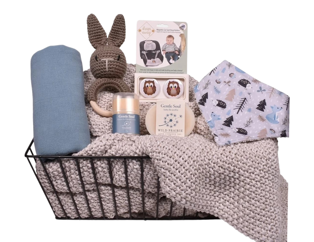 Baby Blue new baby gift box with muslin wrap, bib, soap, lotion and crocheted bunny rattle