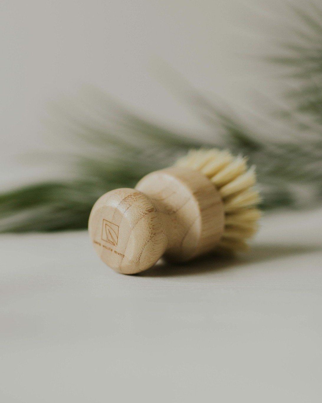 Bamboo pot brush with plant-fibre bristles