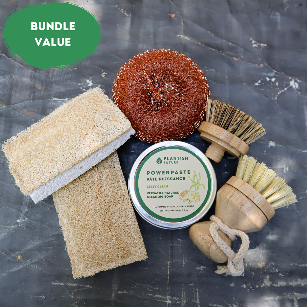 Ultimate kitchen cleaning kit with sisal brushes, eco sponges, copper scrubby and Power Paste