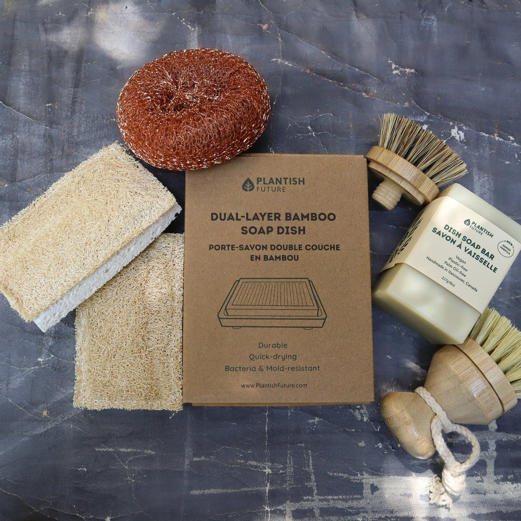 Pot cleaning kit with solid dish soap bar, bamboo soap dish, sisal brushes and eco sponges, photo 2