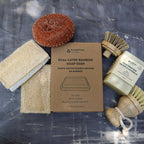 Pot cleaning kit with solid dish soap bar, bamboo soap dish, sisal brushes and eco sponges, photo 2