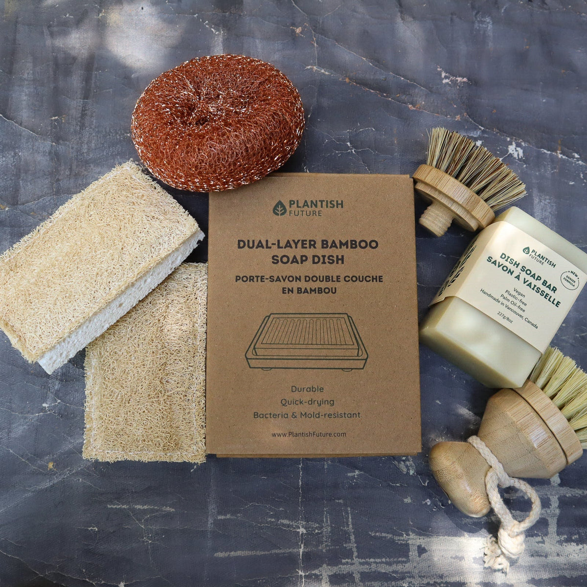 Pot cleaning kit with solid dish soap bar, bamboo soap dish, sisal brushes and eco sponges, photo 2