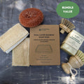 Pot cleaning kit with solid dish soap bar, bamboo soap dish, sisal brushes and eco sponges