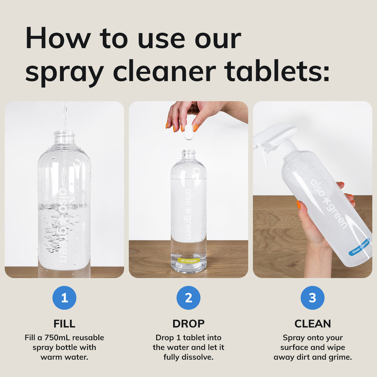 Glass and mirror cleaner kit with refillable glass spray bottle and tablets, photo 4