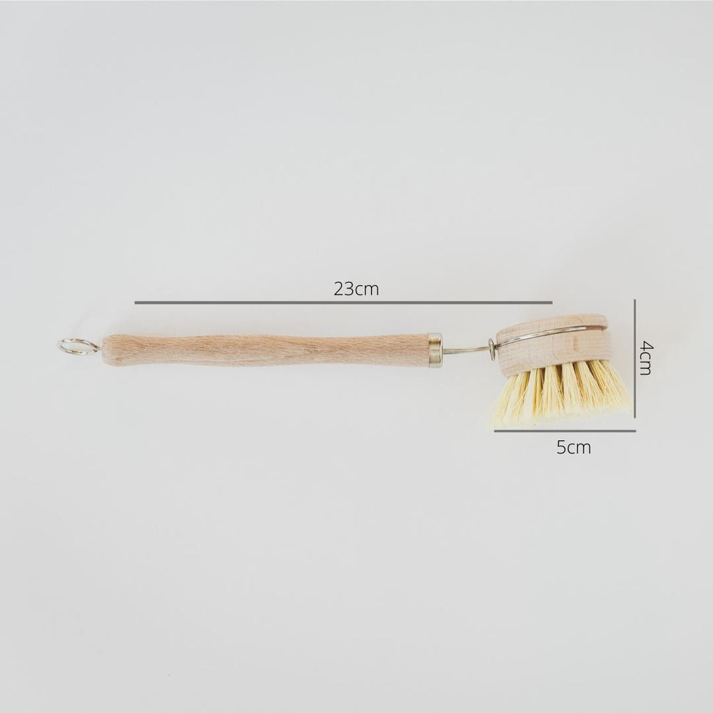 Wooden dish brush measurements: 23 cm long with a 5 cm brush head